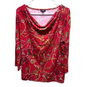 Talbots Equestrian Print Red Drape Neck Long Sleeve Jersey Size L